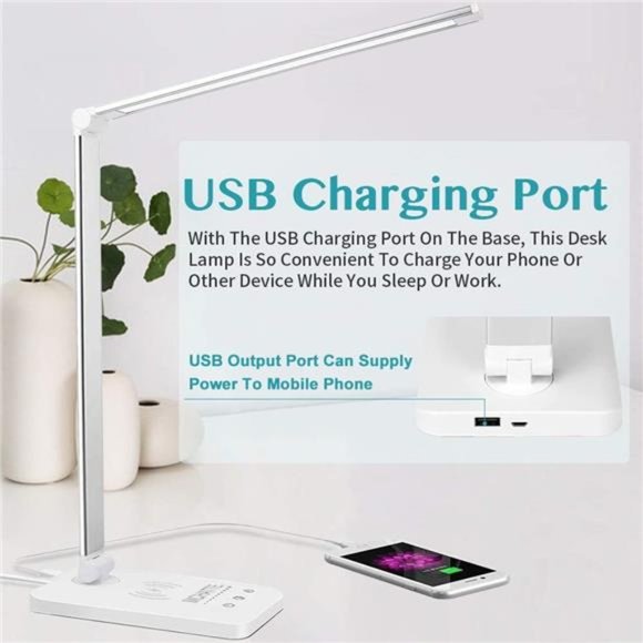 LED Desk Lamp with Wireless Charger USB Charging Port, Dimmable Brightness Modes - Picture 2 of 5